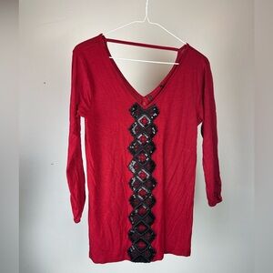 Valentine’s Day Red V-Neck Top with Black Lace Detail